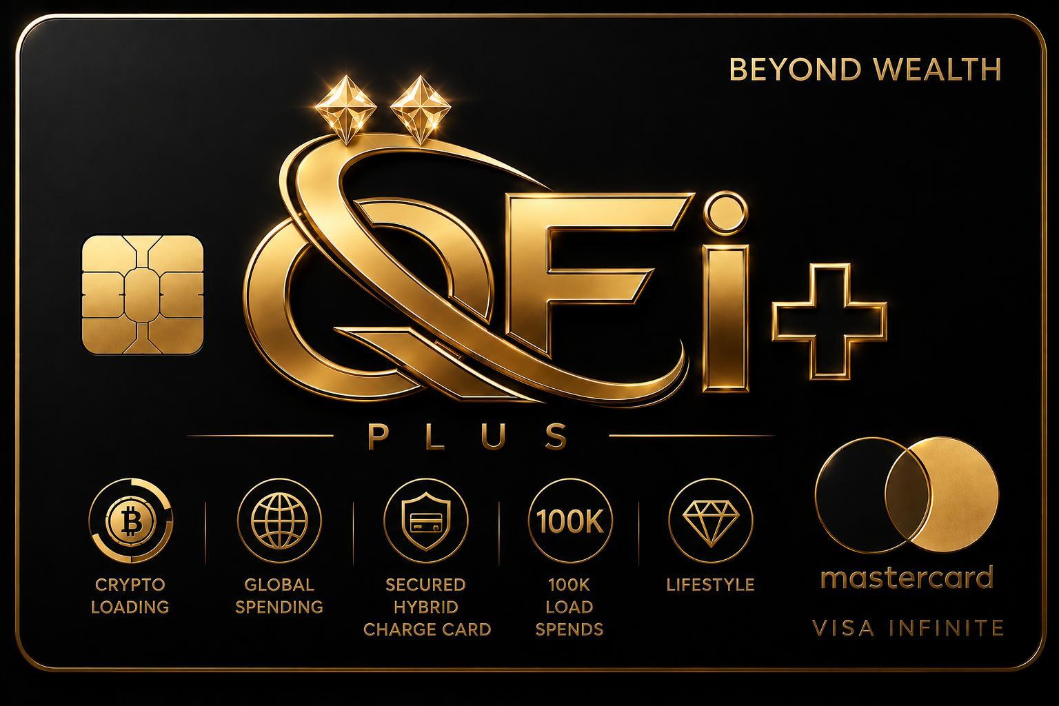 QFi+ Mastercard hybrid secured charge card in black and gold
